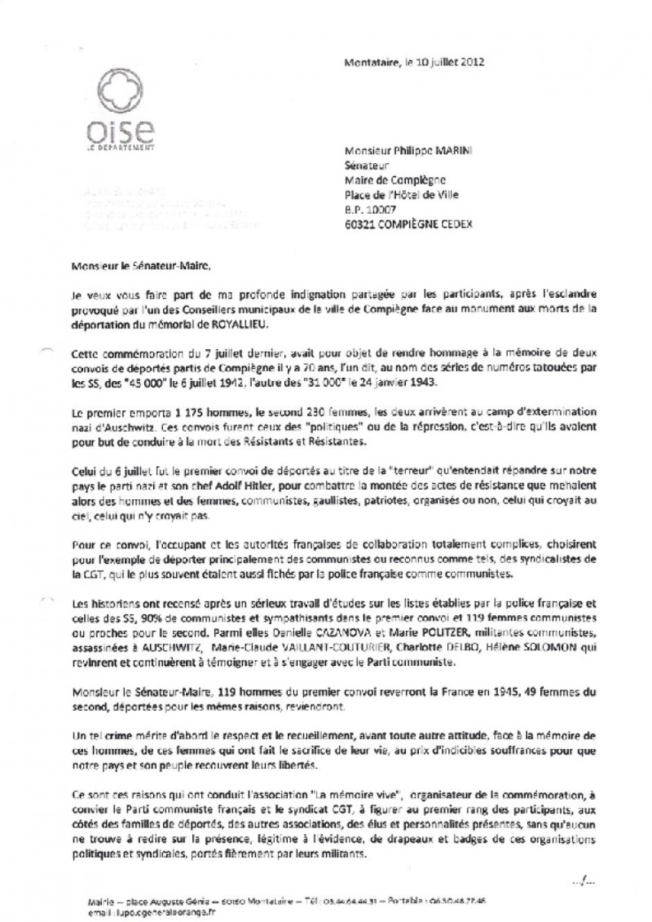 Courrier d'Alain Blanchard au maire de Compiègne Philippe Marini après les incidents de la commémoration du 7 juillet - 10 juillet 2012