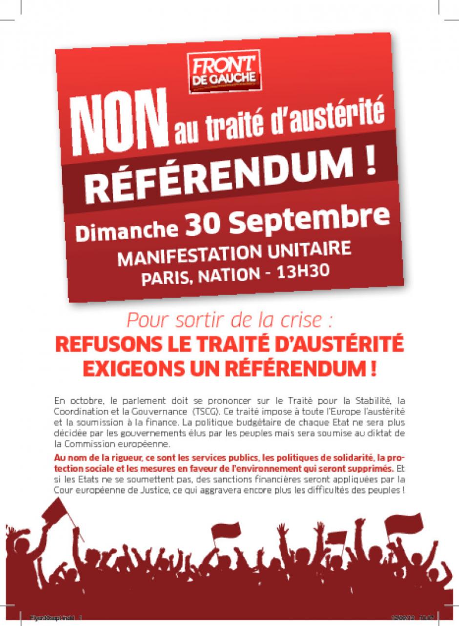 Manifestation unitaire contre le traité d'austérité-Tract Front de gauche - Paris, 30 septembre 2012