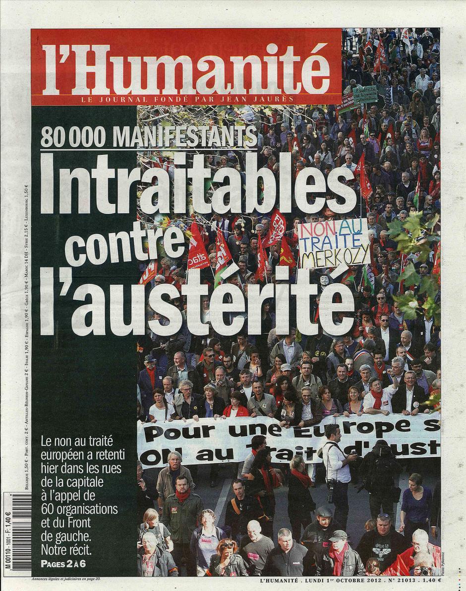 20121001-L'Huma-80 000 manifestants intraitables contre l'austérité-La Une