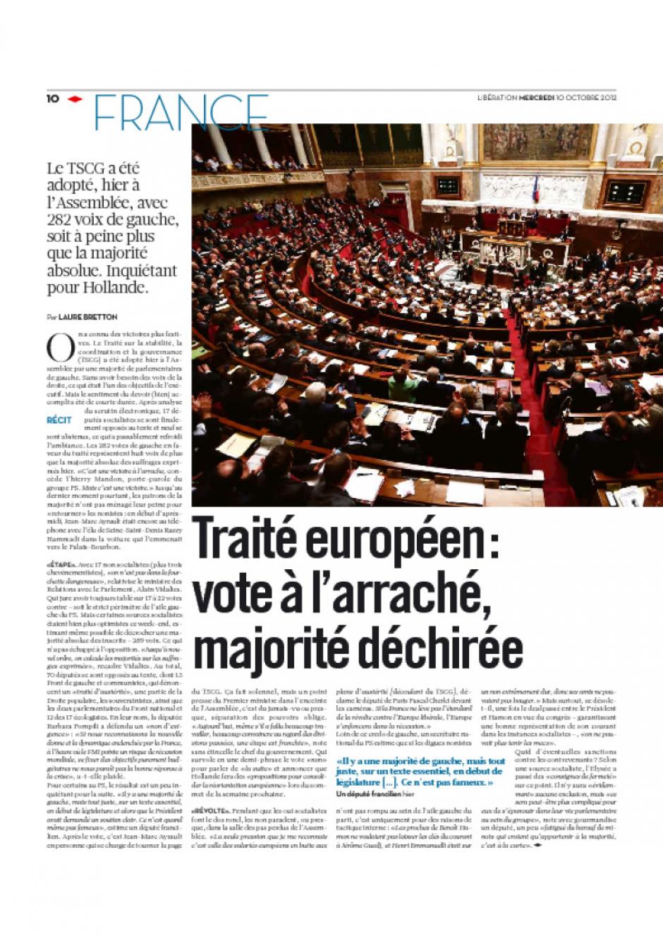 20121010-Libération-Traité européen, vote à l'arraché, majorité déchirée