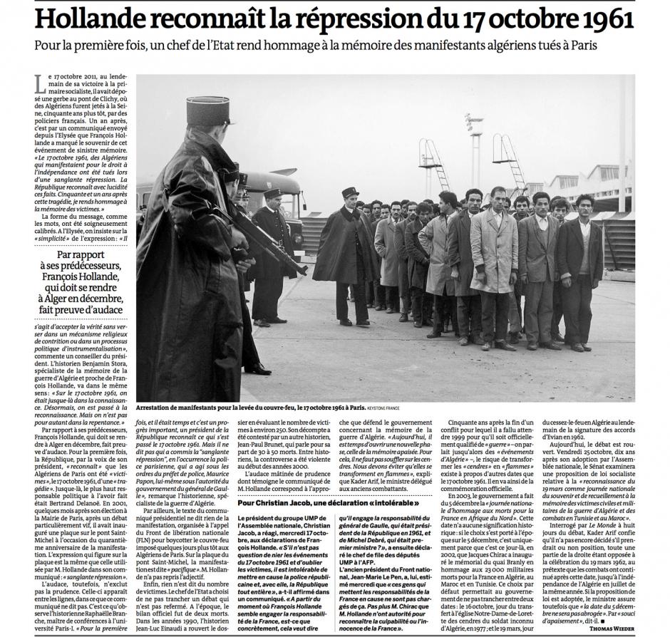 20121019-Le Monde-Hollande reconnaît la répression du 17 octobre 1961