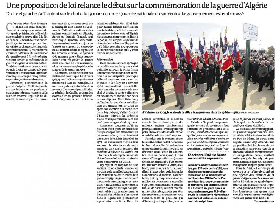 20121025-Le Monde-Une proposition de loi relance le débat sur la commémoration de la guerre d'Algérie