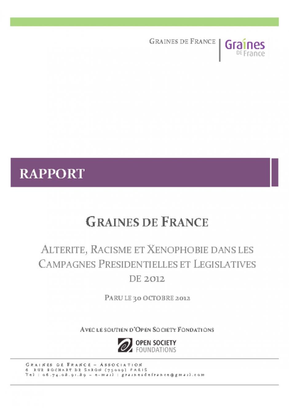 Graines de France-Rapport « Altérité, racisme et xénophobie lors des campagnes présidentielles et législatives de 2012 » - 30 octobre 2012