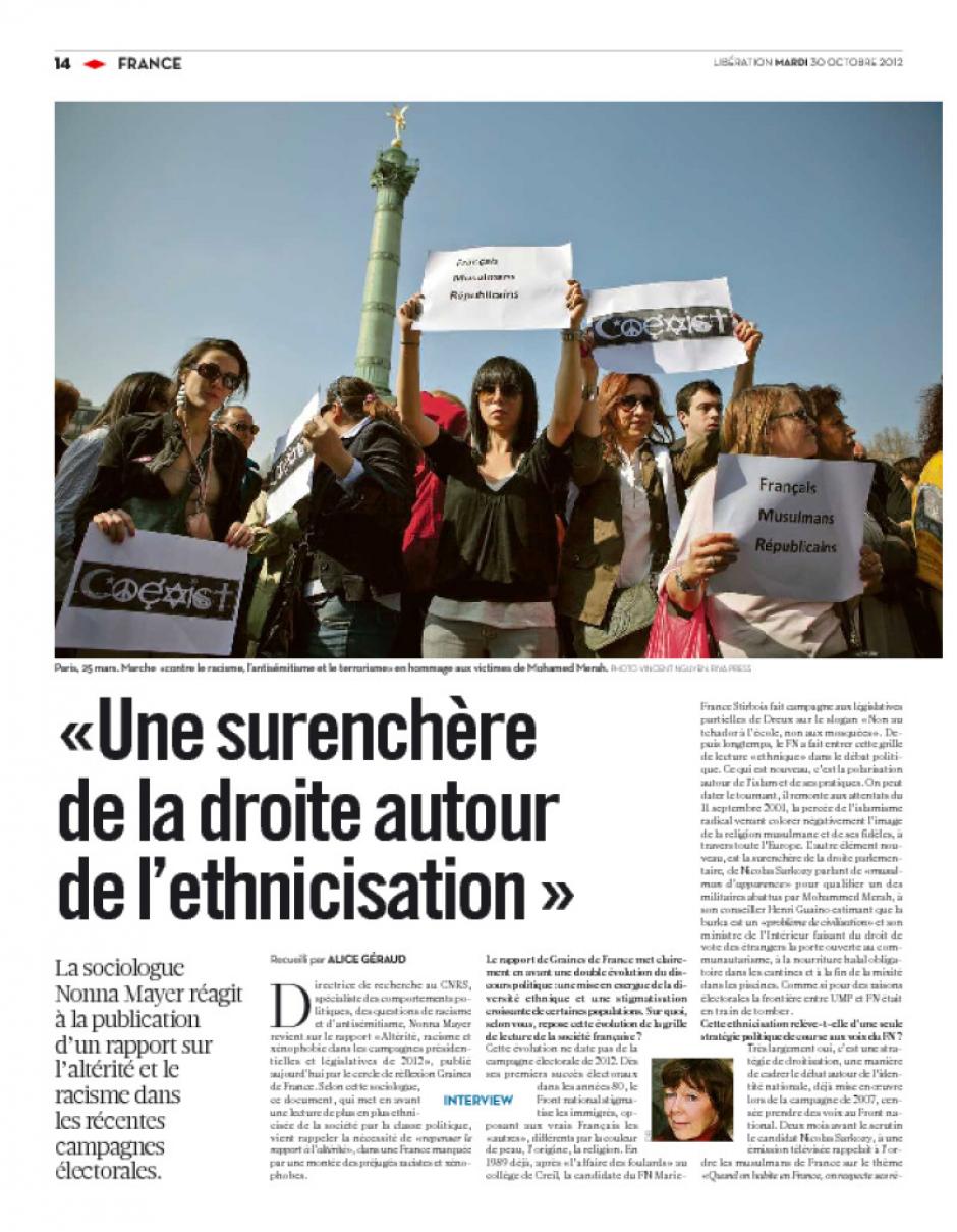 20121030-Libération-Réaction d'une sociologue « Une surenchère de la droite autour de l'ethnicisation »