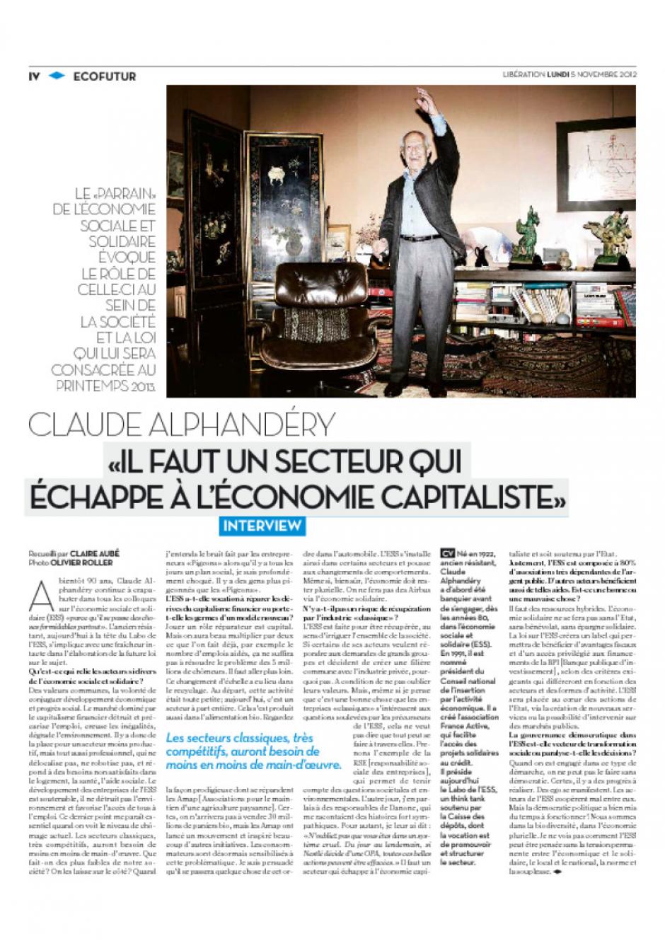 20121105-Libération-Claude Alphandéry « Il faut un secteur qui échappe à l'économie capitaliste »