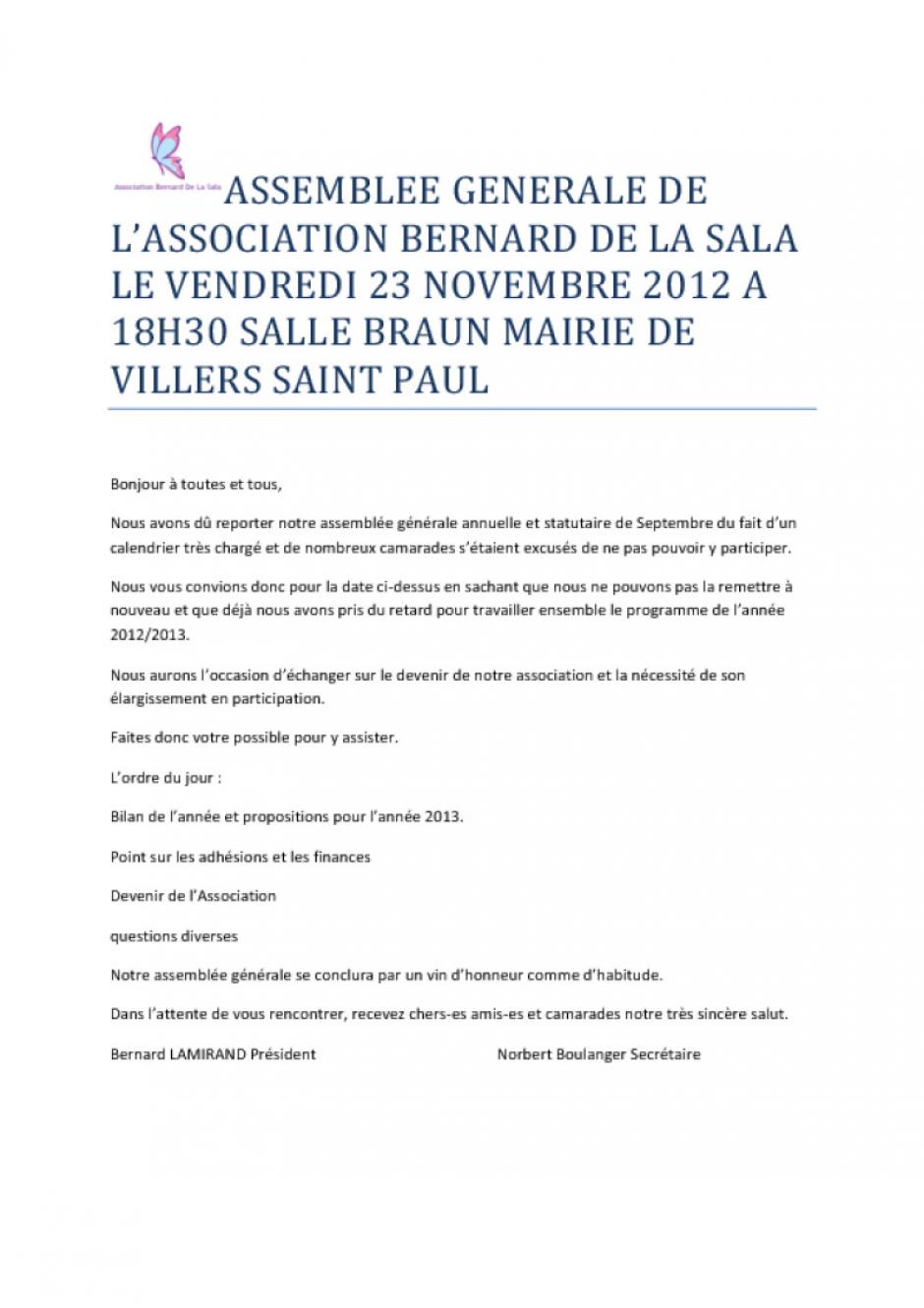 23 novembre, Villers-Saint-Paul - Association Bernard de La Sala-Assemblée générale