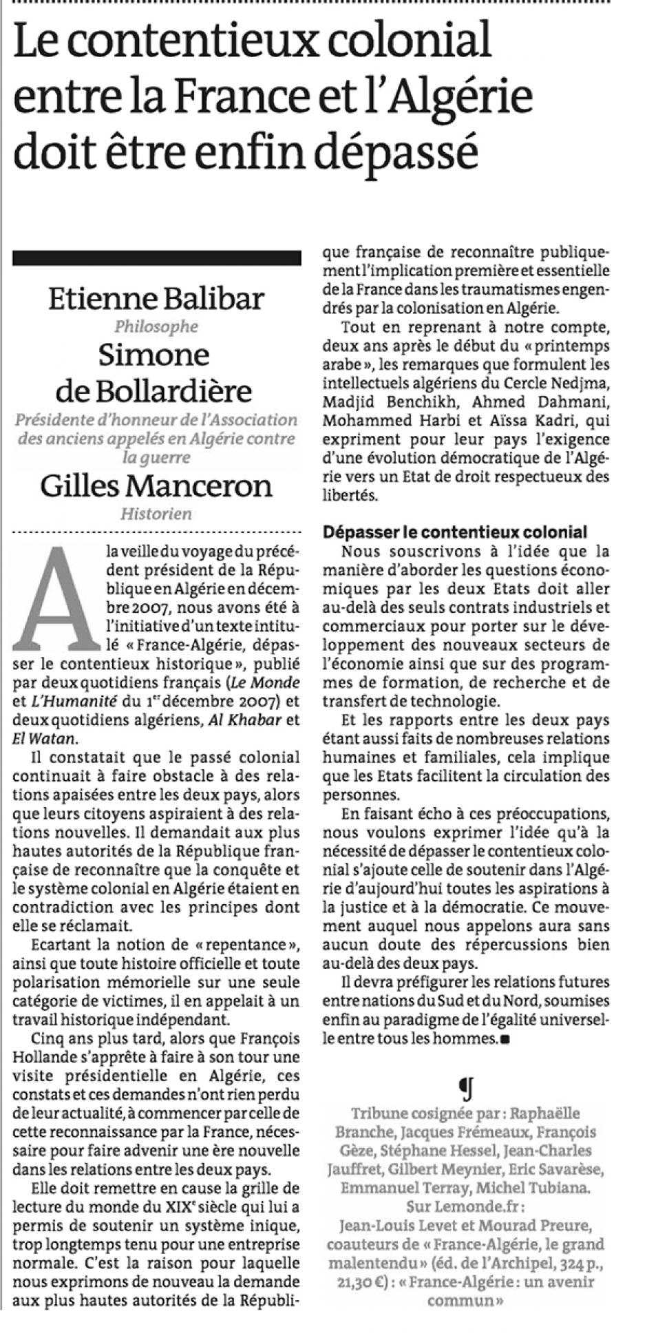20121219-Le Monde-Tribune « Le contentieux colonial entre la France et l'Algérie doit être enfin dépassé »