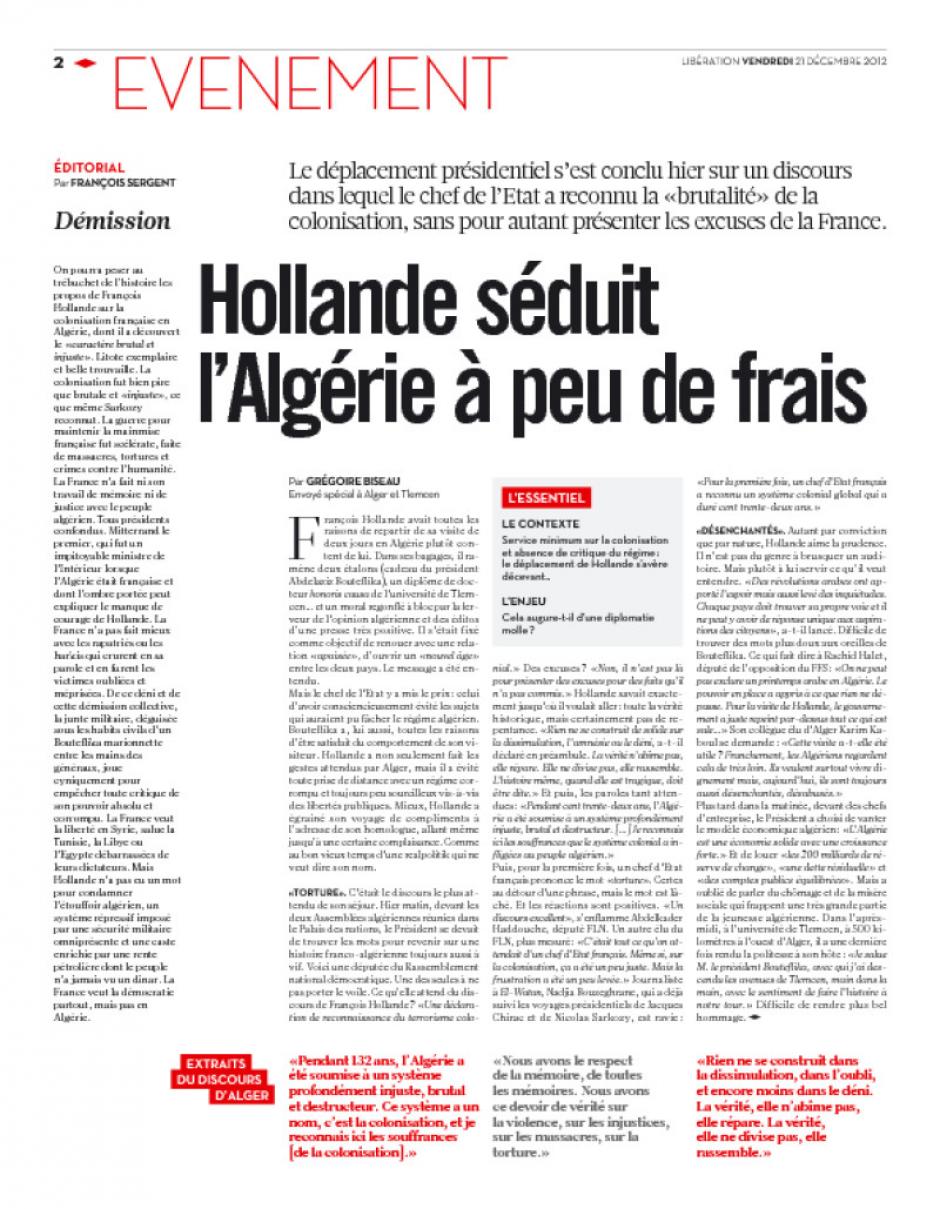 20121221-Libération-Hollande séduit l'Algérie à peu de frais