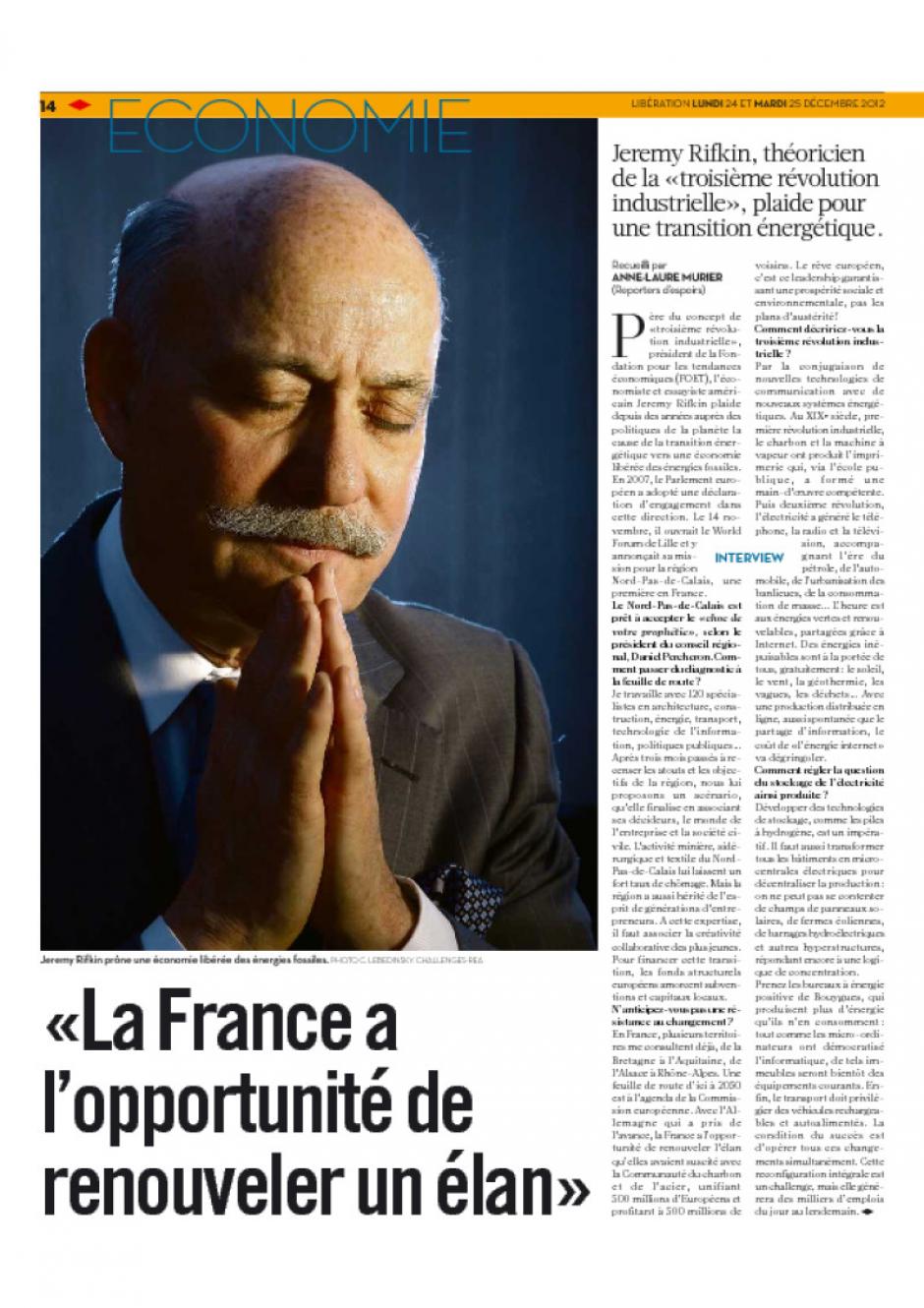 20121224-Libération-Jérémy Rifkin « La France a l'opportunité de renouveler un élan »