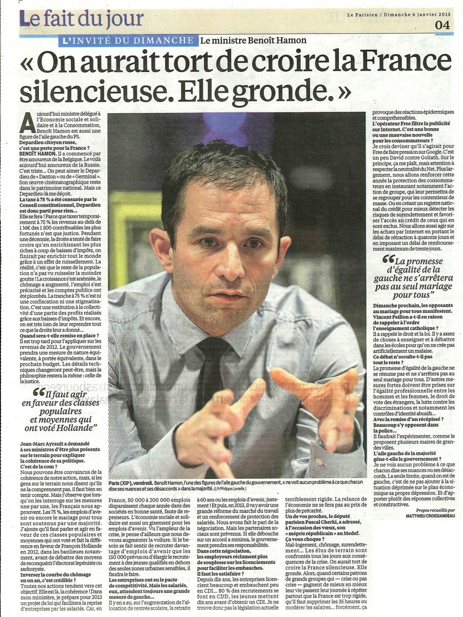 20130106-LeP-Benoît Hamon « On aurait tort de croire la France silencieuse. Elle gronde. »