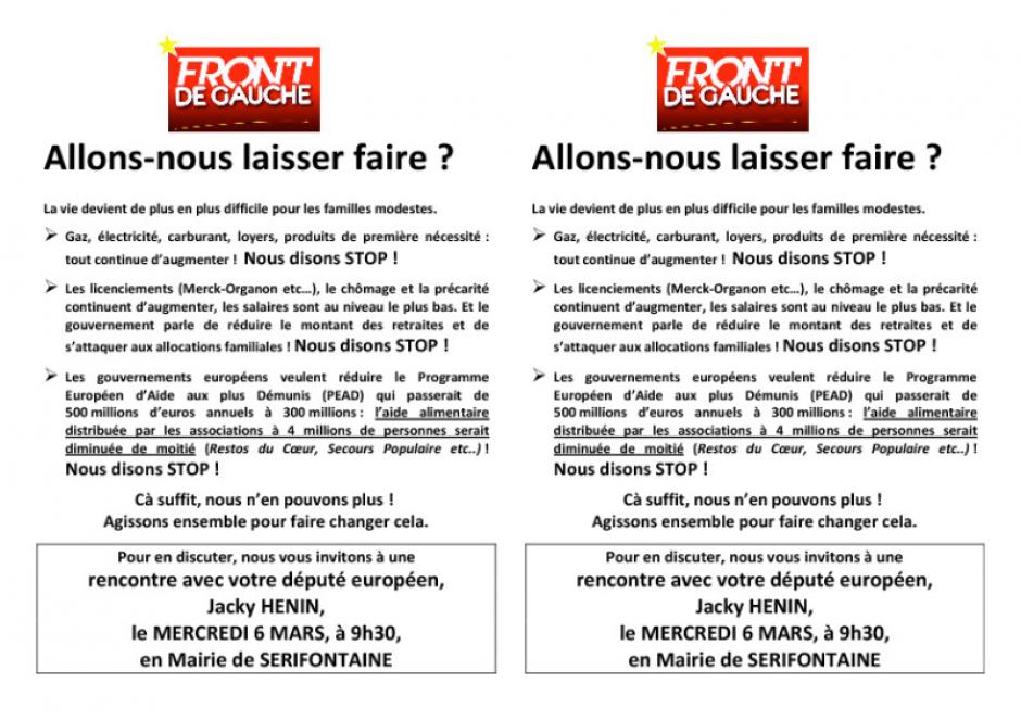 Tract pour la rencontre avec Jacky Hénin - Sérifontaine, 1er mars 2013