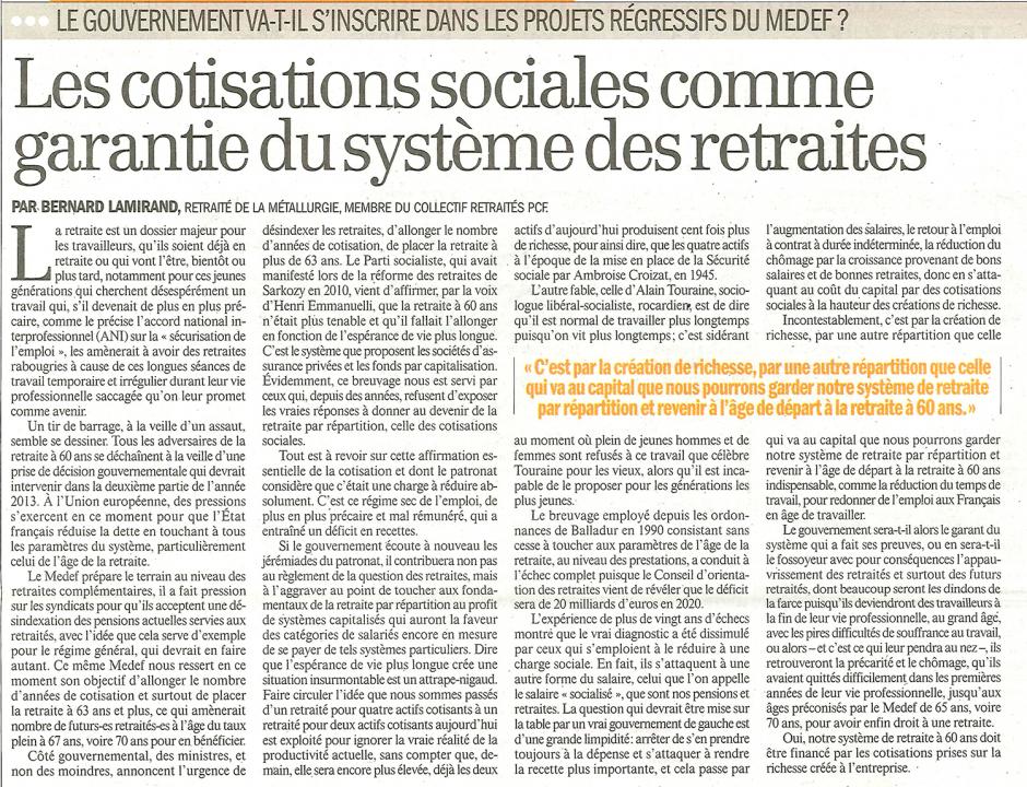 Bernard Lamirand-Les cotisations sociales comme garantie du système des retraites - L'Humanité, 13 mars 2013