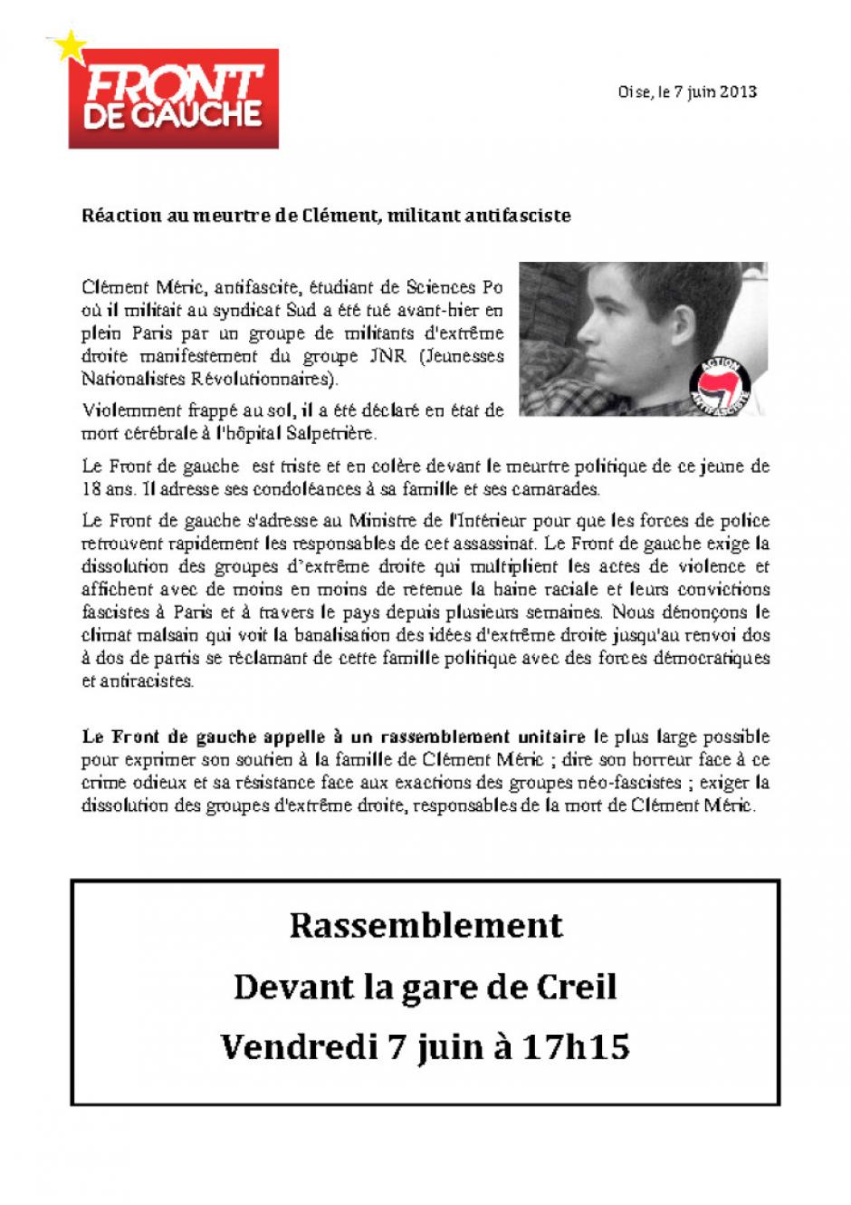 Rassemblement à la mémoire de Clément Méric et contre les néo-fascistes - Creil, 7 juin 2013