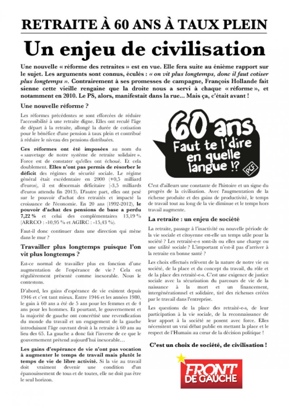 Tract Front de gauche sur les retraites - Valois, 20 juin 2013