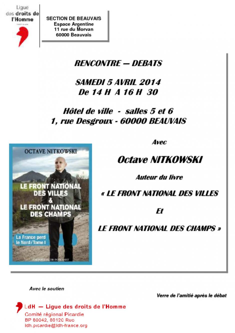 5 avril, Beauvais - Ligue des Droits de l'Homme-Rencontre-débats avec Stéphane Nitkowski