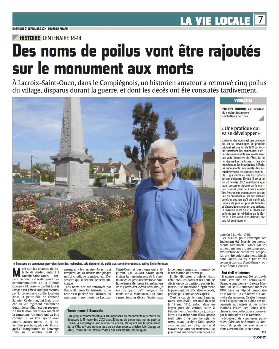 20140921-CP-Lacroix-Saint-Ouen-Des noms de poilus vont être rajouté sur le monument aux morts [Émile Hérisson]