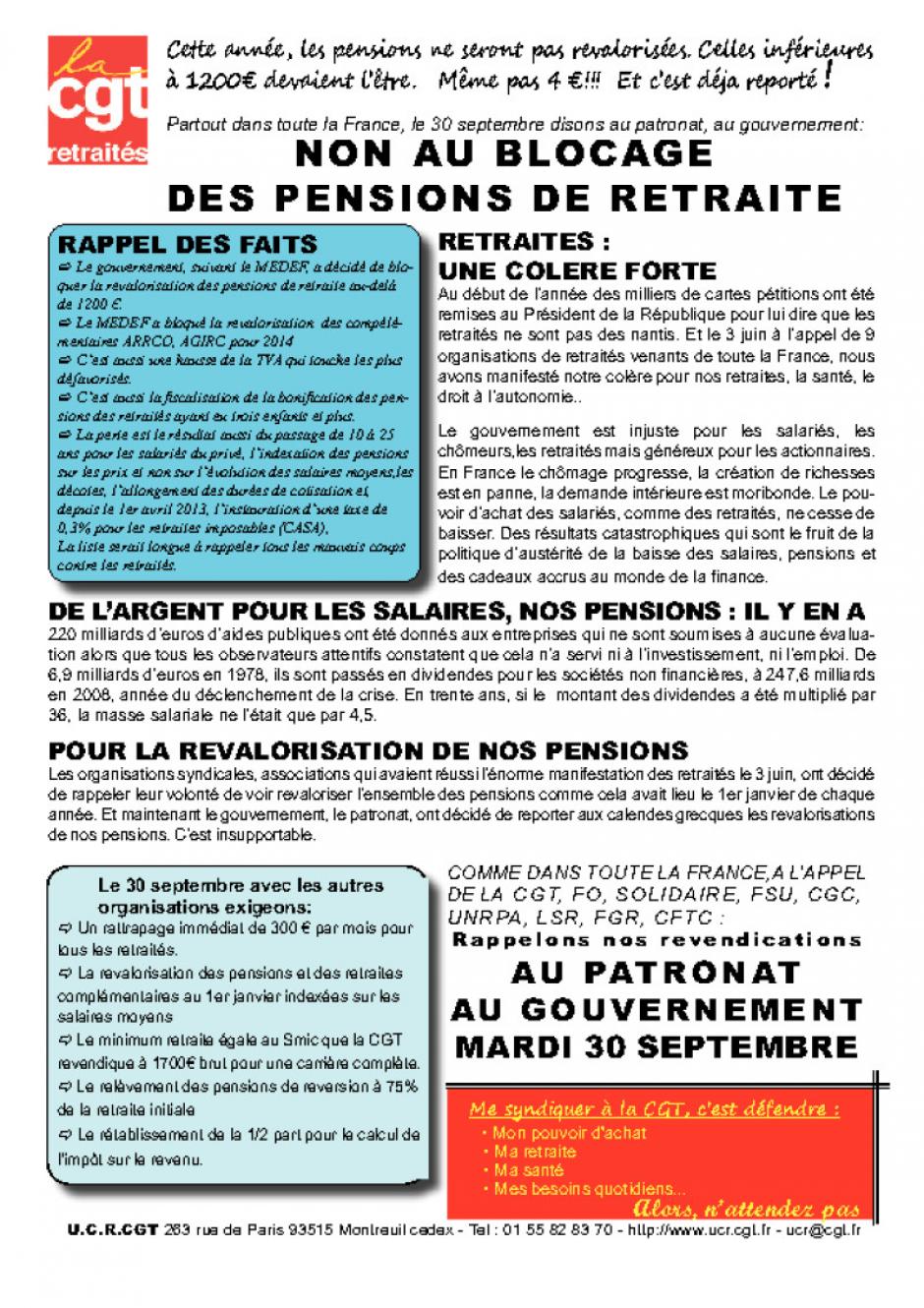 30 septembre, Amiens - Non au blocage des pensions de retraites