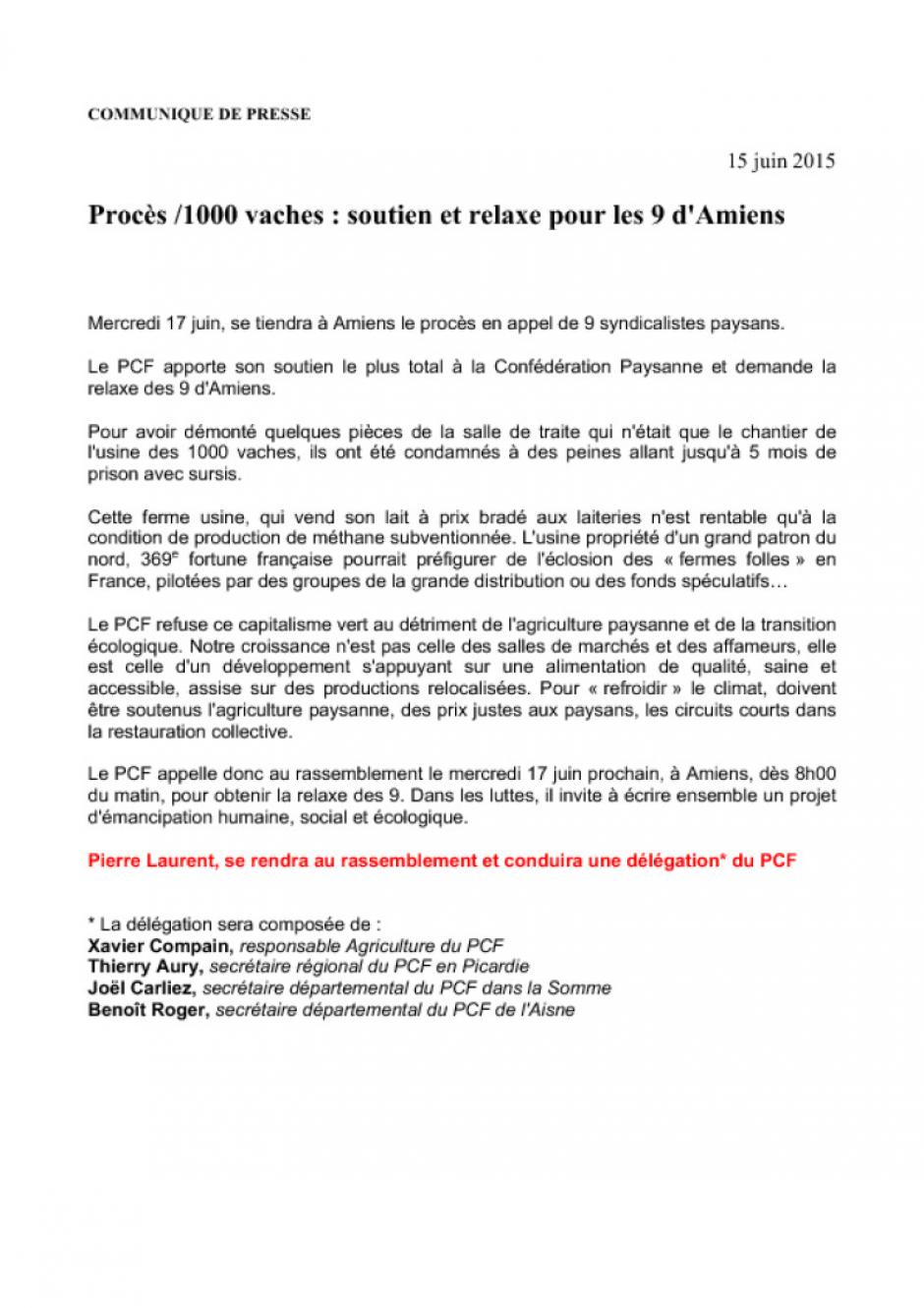 Soutien et relaxe pour les 9 d'Amiens - Communiqué de presse du PCF, 15 juin 2015