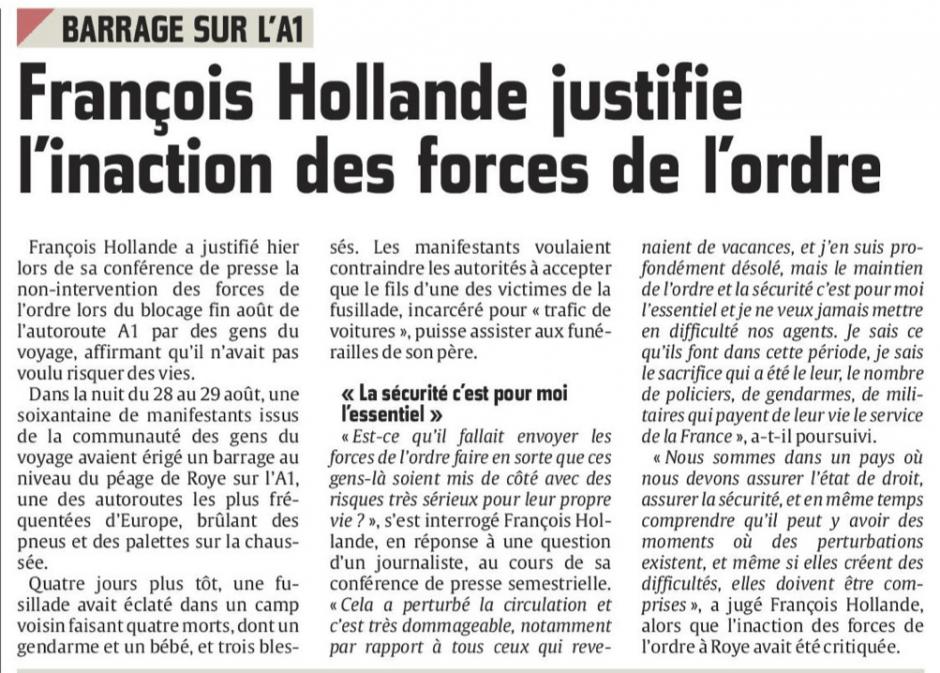 20150908-CP-Roye-Barrage sur l'A1 : Hollande justifie l'inaction des forces de l'ordre