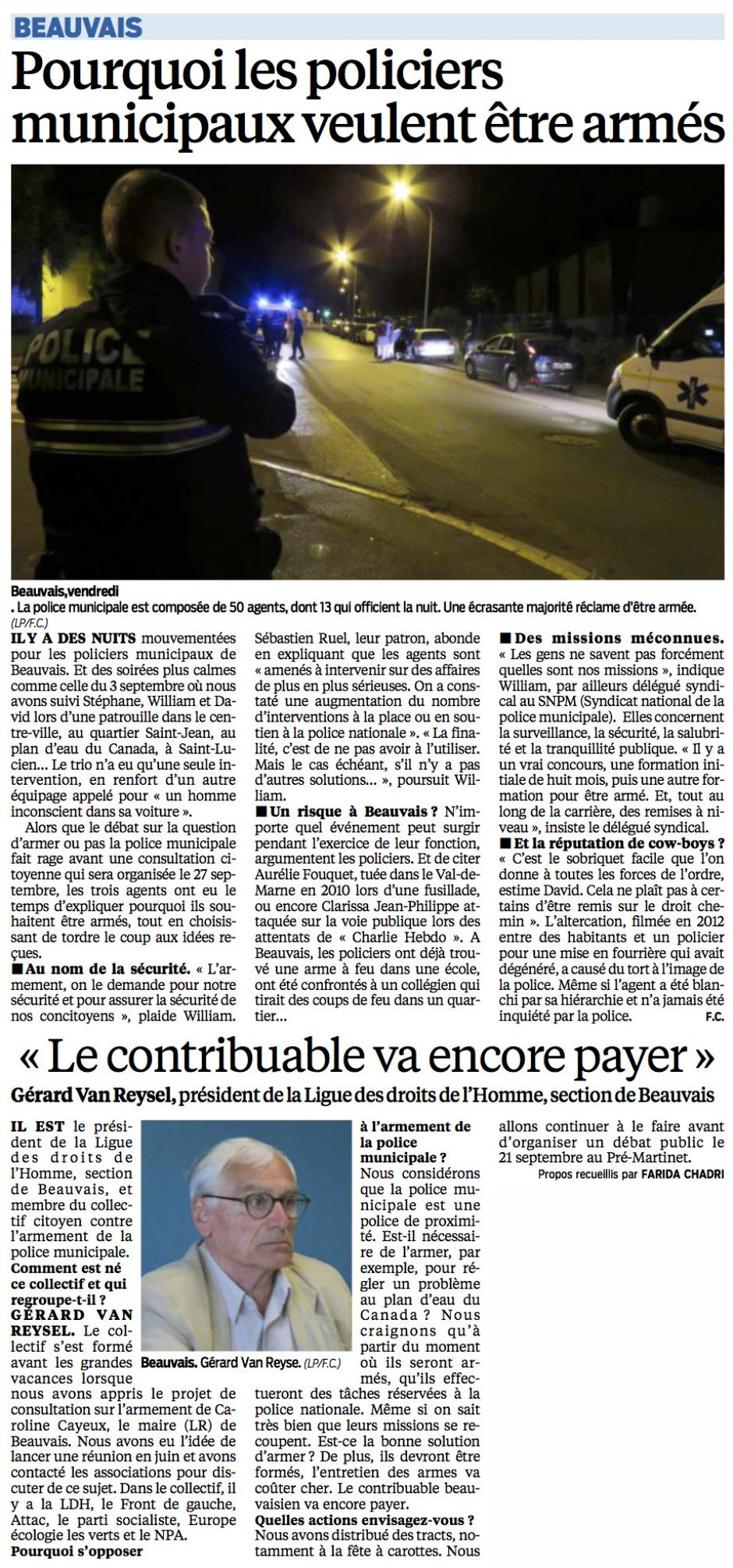 20150909-LeP-Beauvais-Pourquoi les policiers municipaux veulent être armés - LDH « Le contribuable va encore payer »