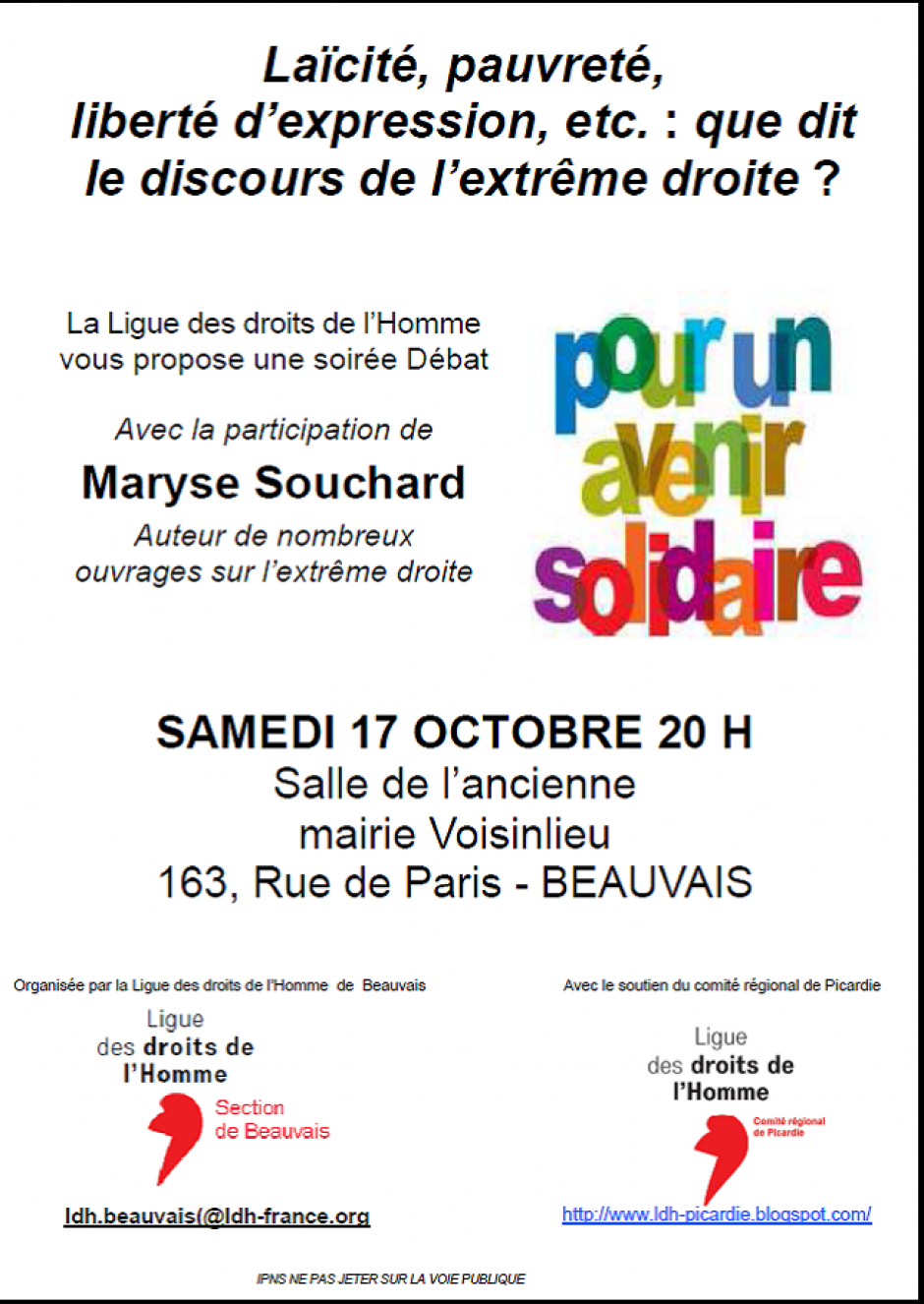 17 octobre, Beauvais-LDH Beauvais-Soirée-débat « Laïcité, pauvreté, liberté d'expression, etc. : que dit le discours de l'extrême droite ? », avec Maryse Souchard