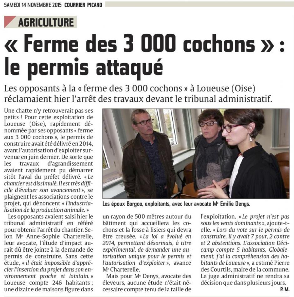 20151114-CP-Loueuse-« Ferme des 3 000 cochons » : le permis attaqué [pages régionales]
