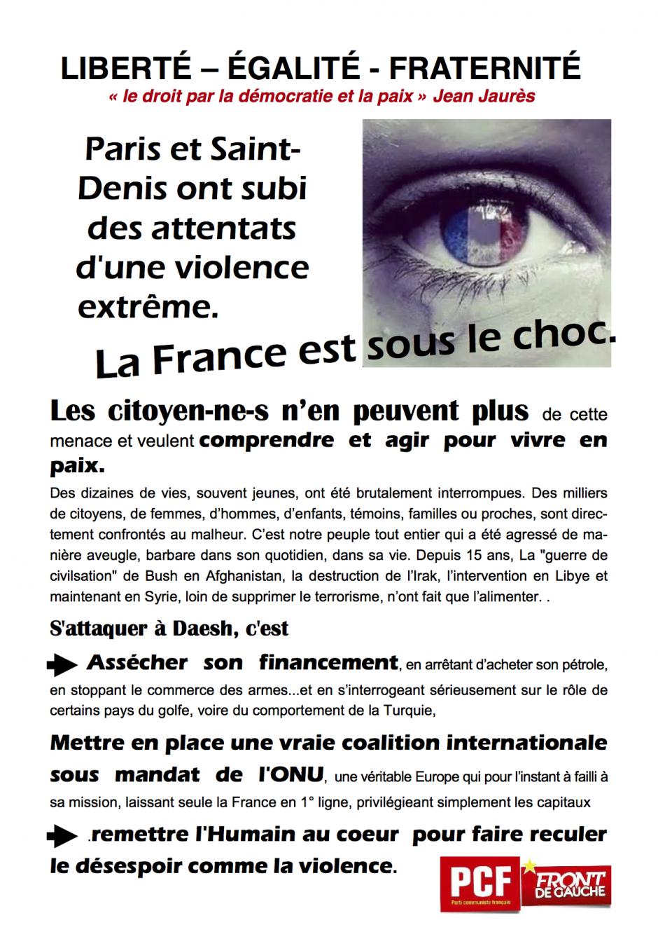 Tract « Liberté - Égalité - Fraternité » - Section PCF de Nanteuil-le-Haudouin, 27 novembre 2015