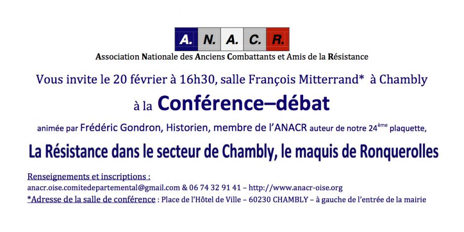 20 février, Chambly - ANACR-Conférence-débat « La Résistance dans le secteur de Chambly, le maquis de Ronquerolles »