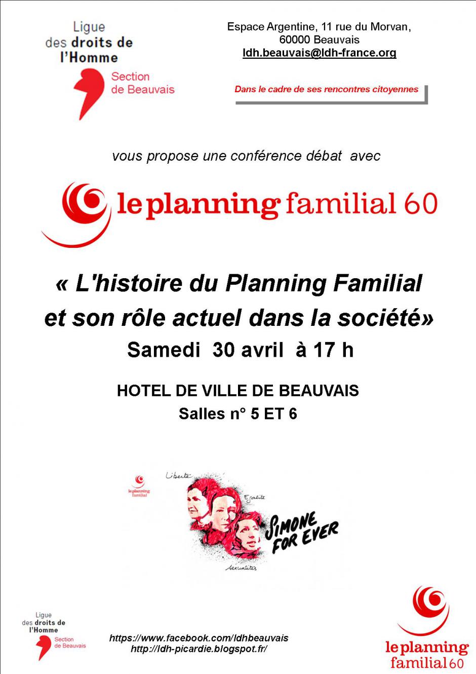 30 avril, Beauvais - LDH-Planning familial 60-Conférence-débat « L'histoire du Planning familial et son rôle actuel dans la société »