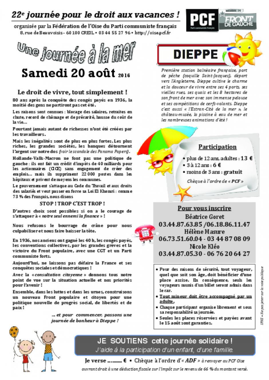 Tract « Journée à la mer - Non à la fermeture des permanences de la Sécu, de la CAF et de la Caisse de retraite à Crépy » - Section PCF du Valois, 11 juillet 2016