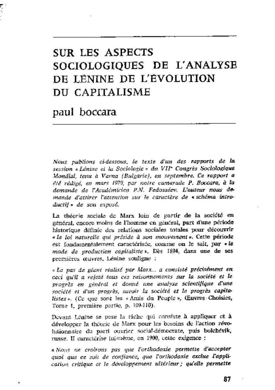 Lénine et les aspects  sociologiques de  l'évolution du capitalisme. Octobre 1970