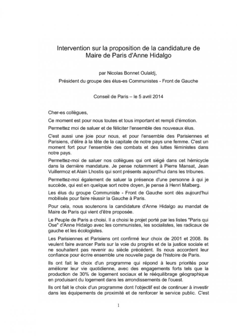 Intervention sur la proposition de la candidature de Maire de Paris d'Anne Hidalgo  par Nicolas Bonnet Oulaldj,  Président du groupe des élus-es Communistes - Front de Gauche