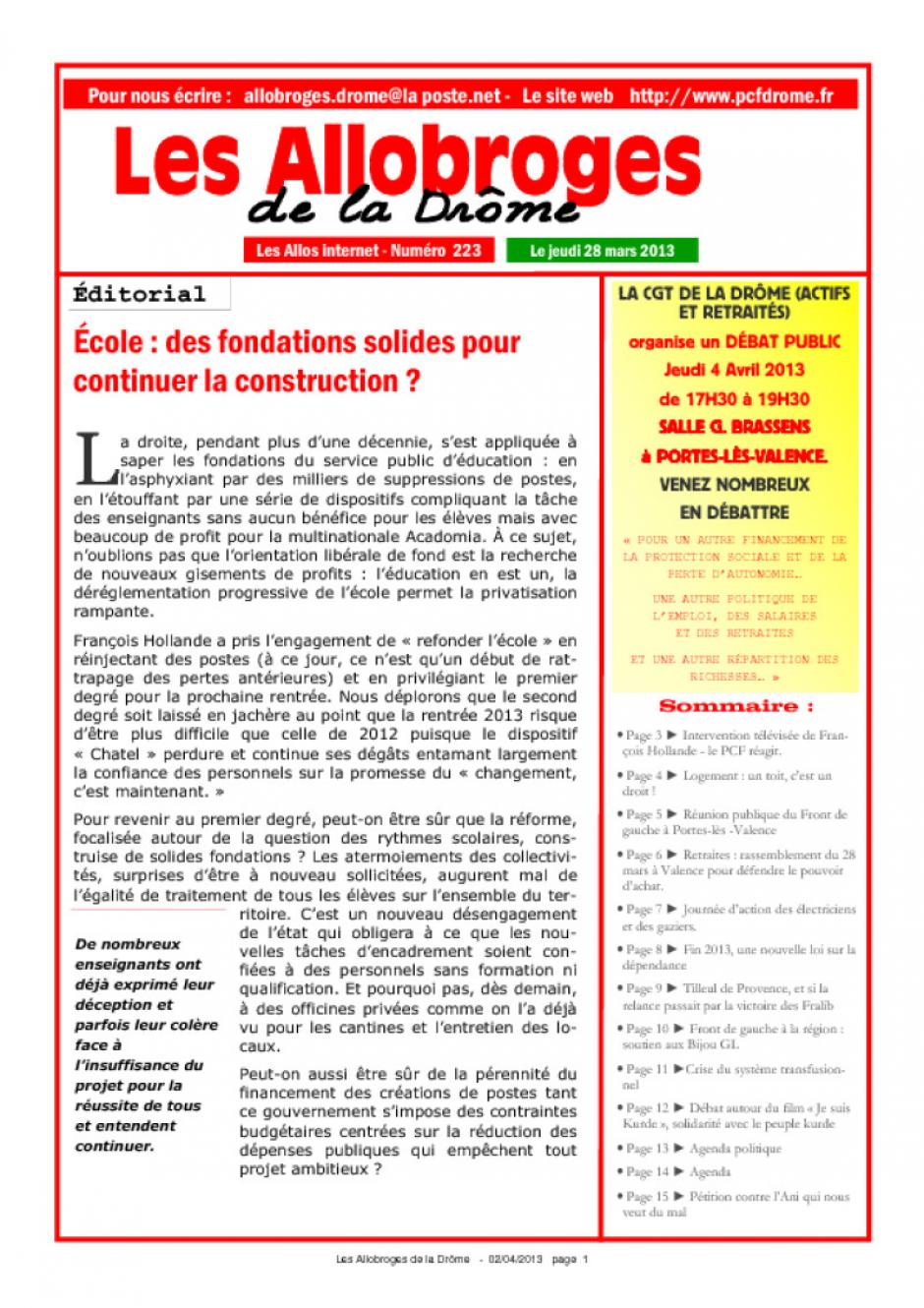 Les Allobroges de la Drôme N° 223 - 28 mars 2013 
