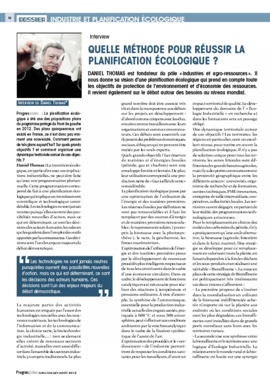 Daniel Thomas-Entretien-Quelle méthode pour réussir la planification écologique - Progressistes n° 1, juillet 2013