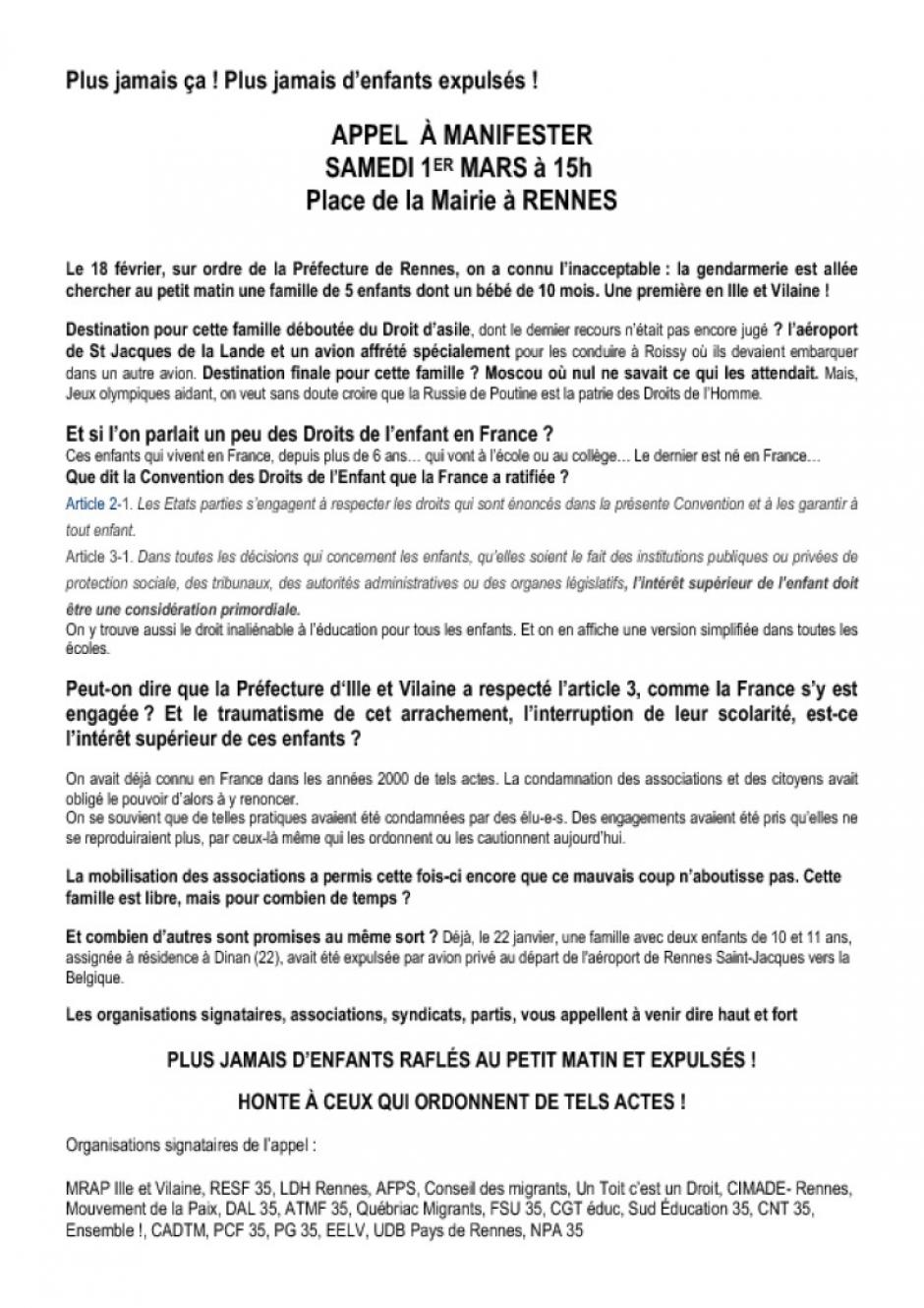 Contre les expulsions: manifestons SAMEDI 1er MARS à 15h Place de la Mairie à RENNES