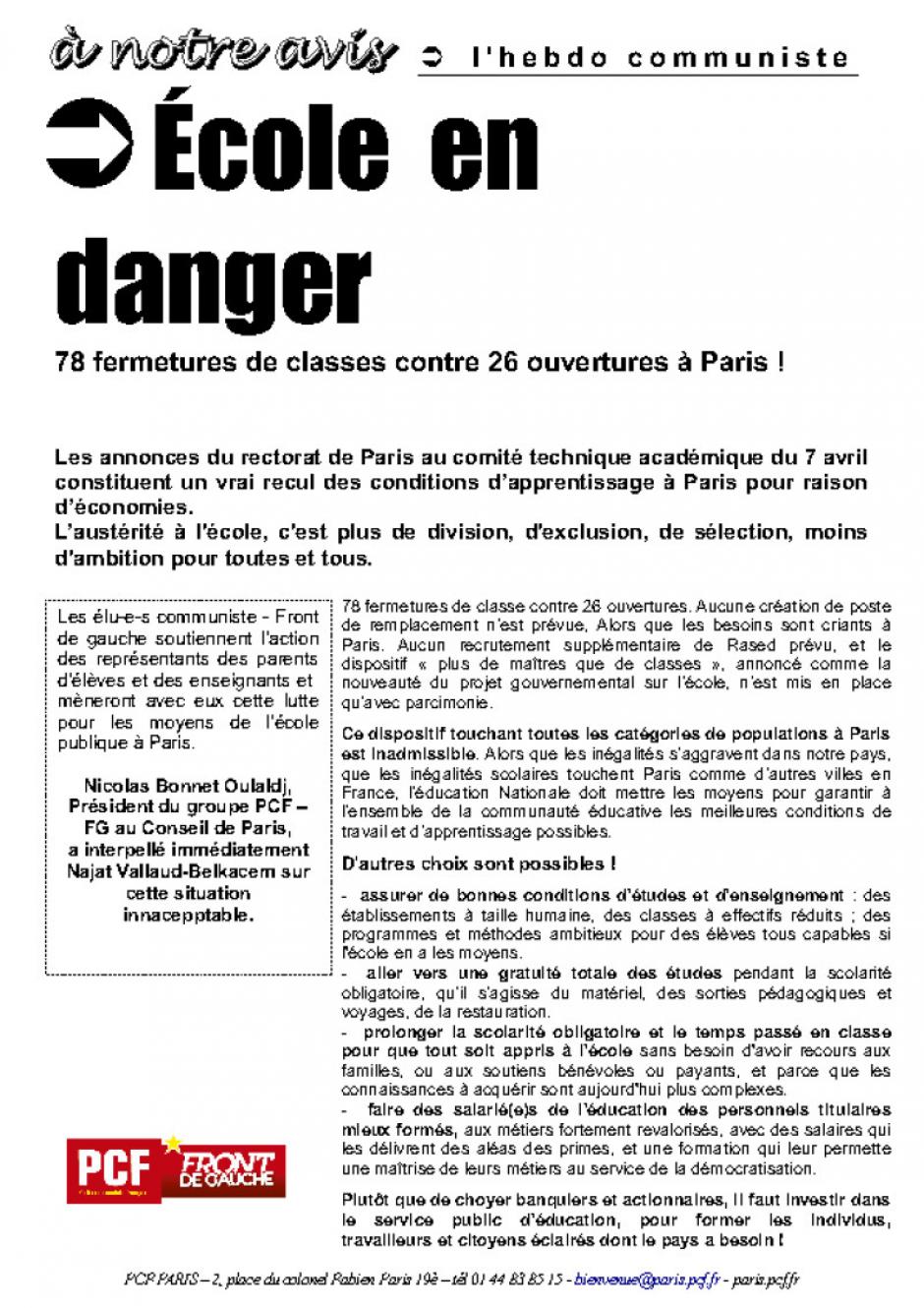 École  en danger : 78 fermetures de classes contre 26 ouvertures à Paris ! 