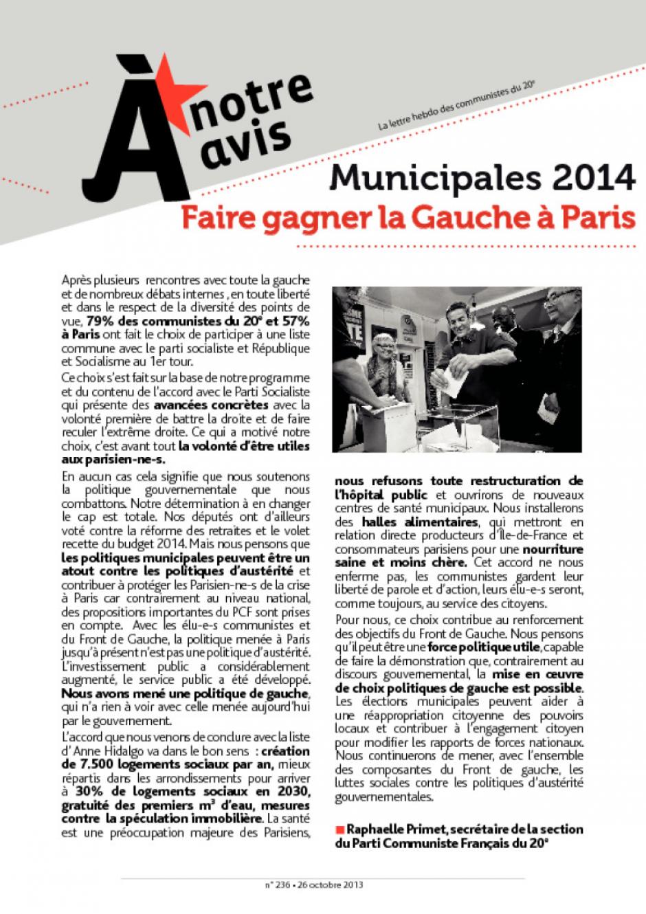 La lettre hebdo des communistes du 20e : Municipales 2014 Faire gagner la gauche à Paris