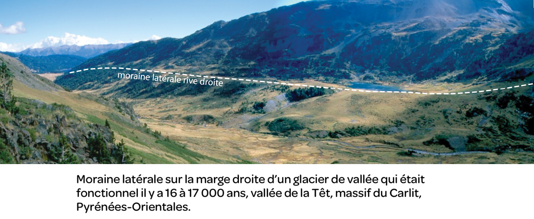 Moraine latérale sur la marge droite d'un glacier de vallée qui était fonctionnel il y a 16 à 17 000 ans, vallée de la Têt, massif du Carlit, Pyrénnées-Orientales.